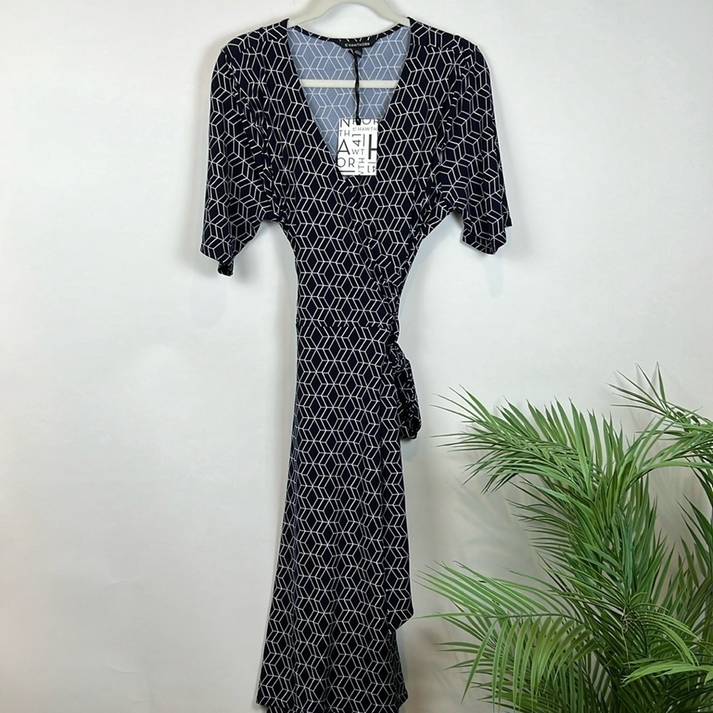 NWT 41 Hawthorn Kaitlyn Wrap Dress Navy 2X Geometric - Picture 2 of 11